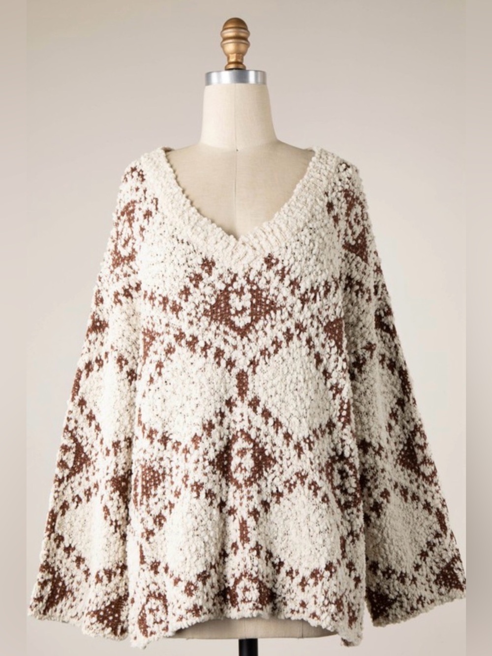 Miracle Ivory & Brown Geometric V-Neck Sweater